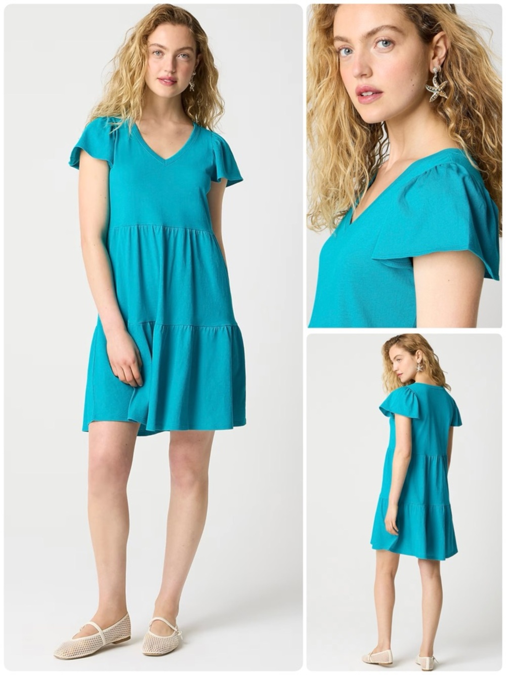 J CREW 100% Cotton Tiered Mini Dress Short Sleeve V-Neck Stretch Pullover